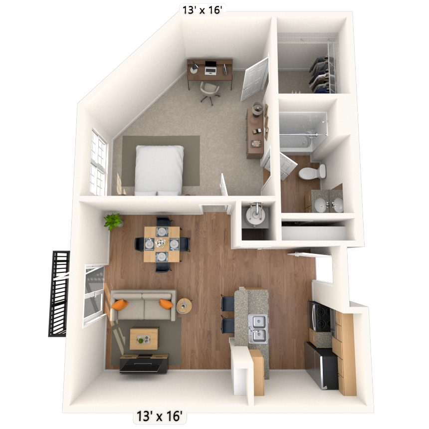 Floor plan for 1 bed, 1 bath, 863 sqft
